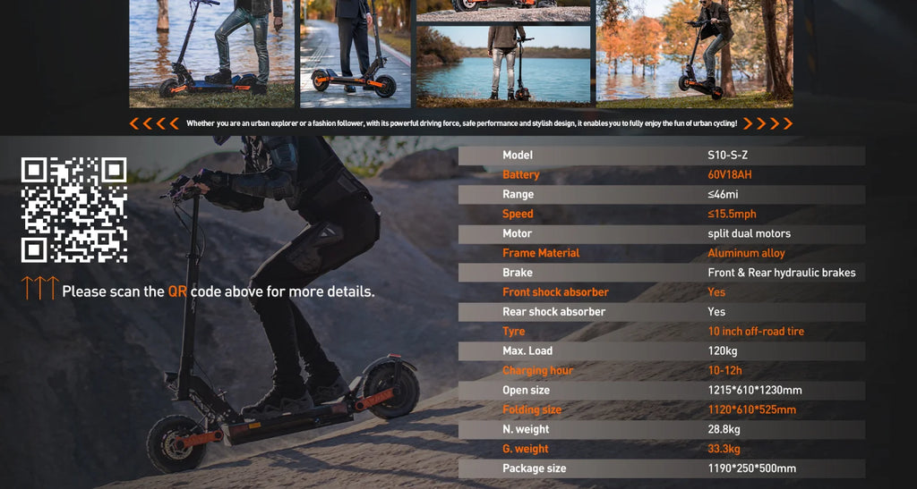 E-scooter 1000W*2 Motor 60V18Ah Escooter 10 Inch Off Road Tire Off Road Electric Scooter